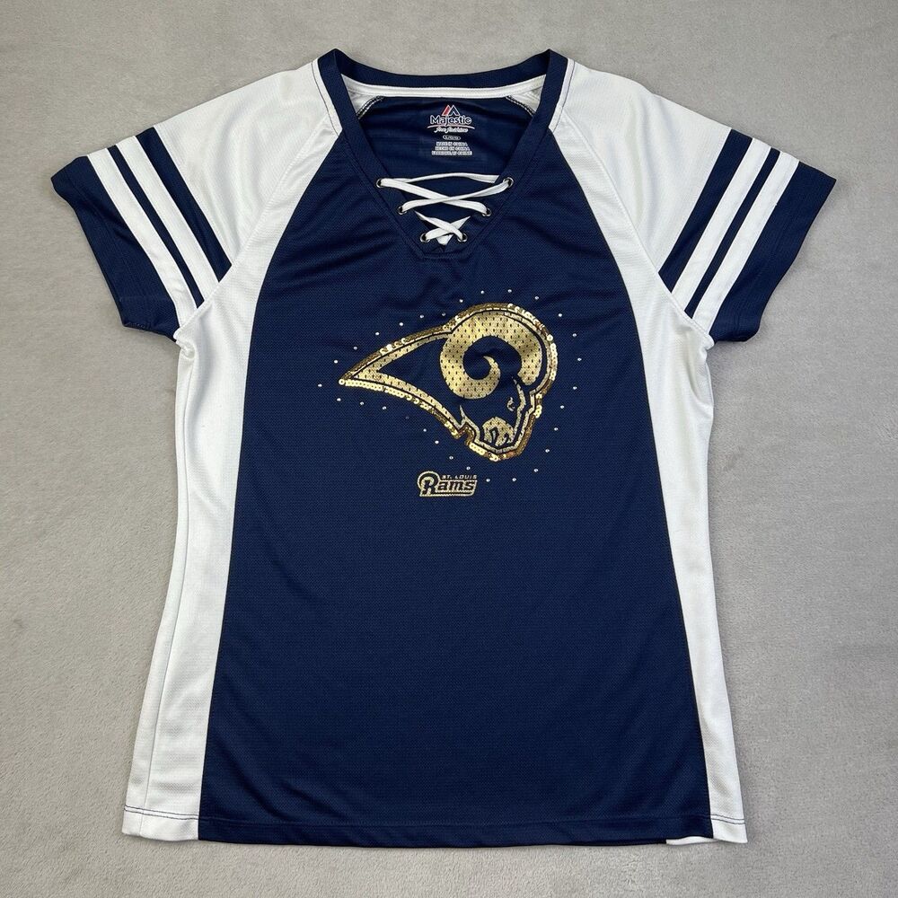 St Louis Rams Womens Large Majestic Shirt Sequin Rhinestone Lace Up Jersey Navy